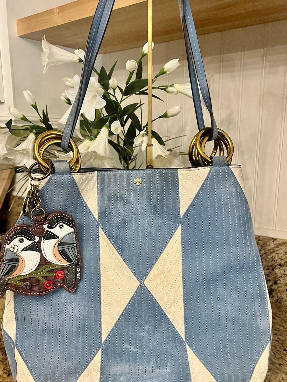 Tory Burch Patchwork suede blue and white Farrah tote - Picture 16 of 16